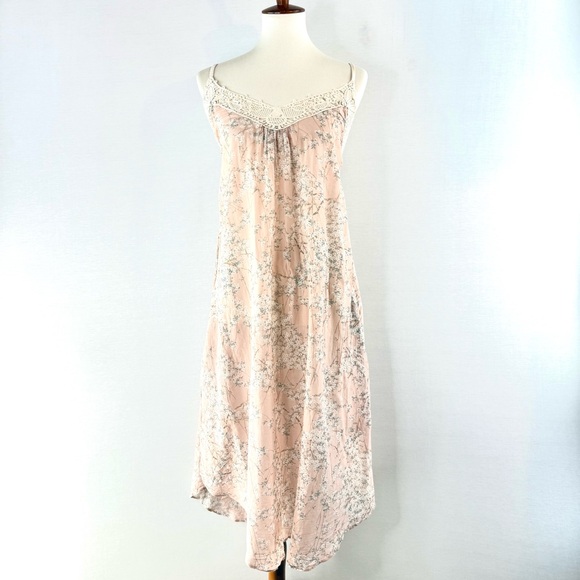 Papinelle Peach Floral Silk Cotton Blend Lace Trim Nightgown with pockets